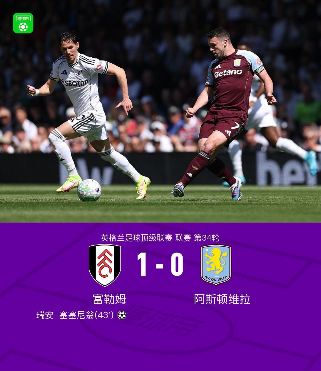 九游体育-富勒姆1-0阿斯顿维拉，瑞安-塞塞尼翁制胜球